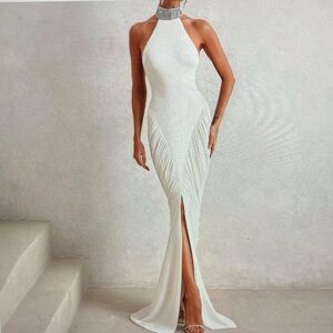White Embellished Halter Evening Gown with white leather strap and white lace